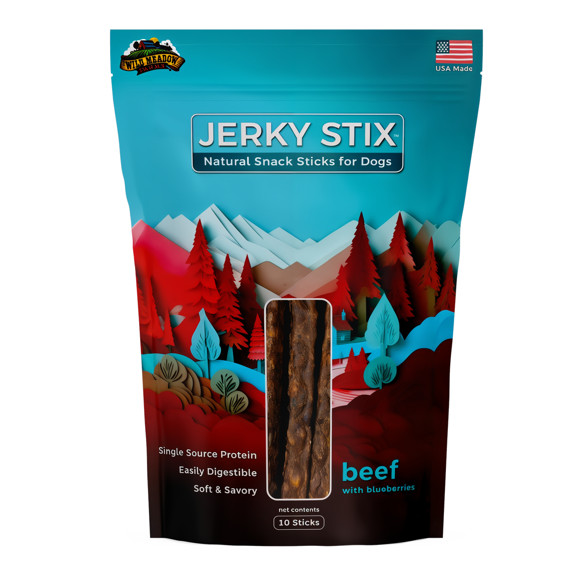 Wild Meadow Farms Jerky Stix Natural Snack Sticks for Dogs -- front bag render