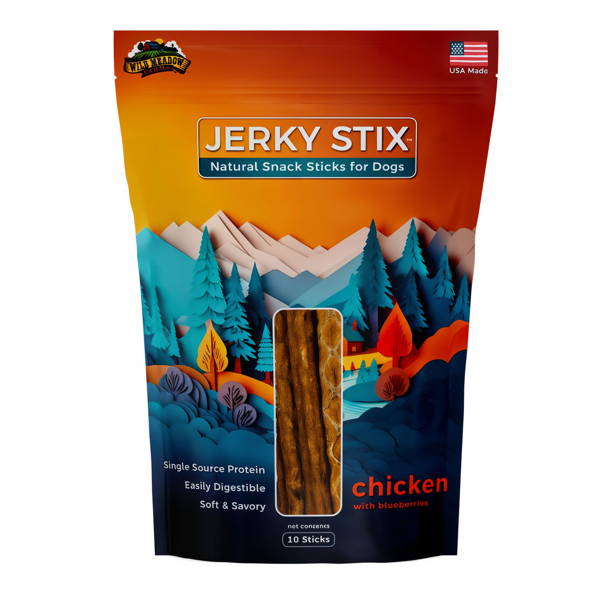 Wild Meadow Farms Jerky Stix Natural Snack Sticks for Dogs -- front bag render