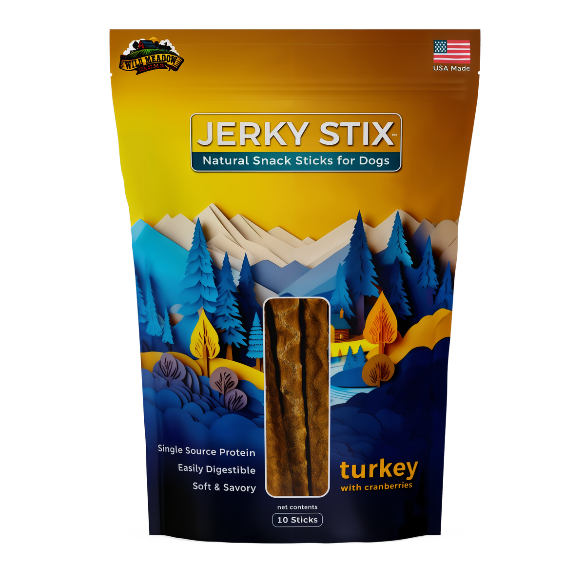 Wild Meadow Farms Jerky Stix Natural Snack Sticks for Dogs -- front bag render