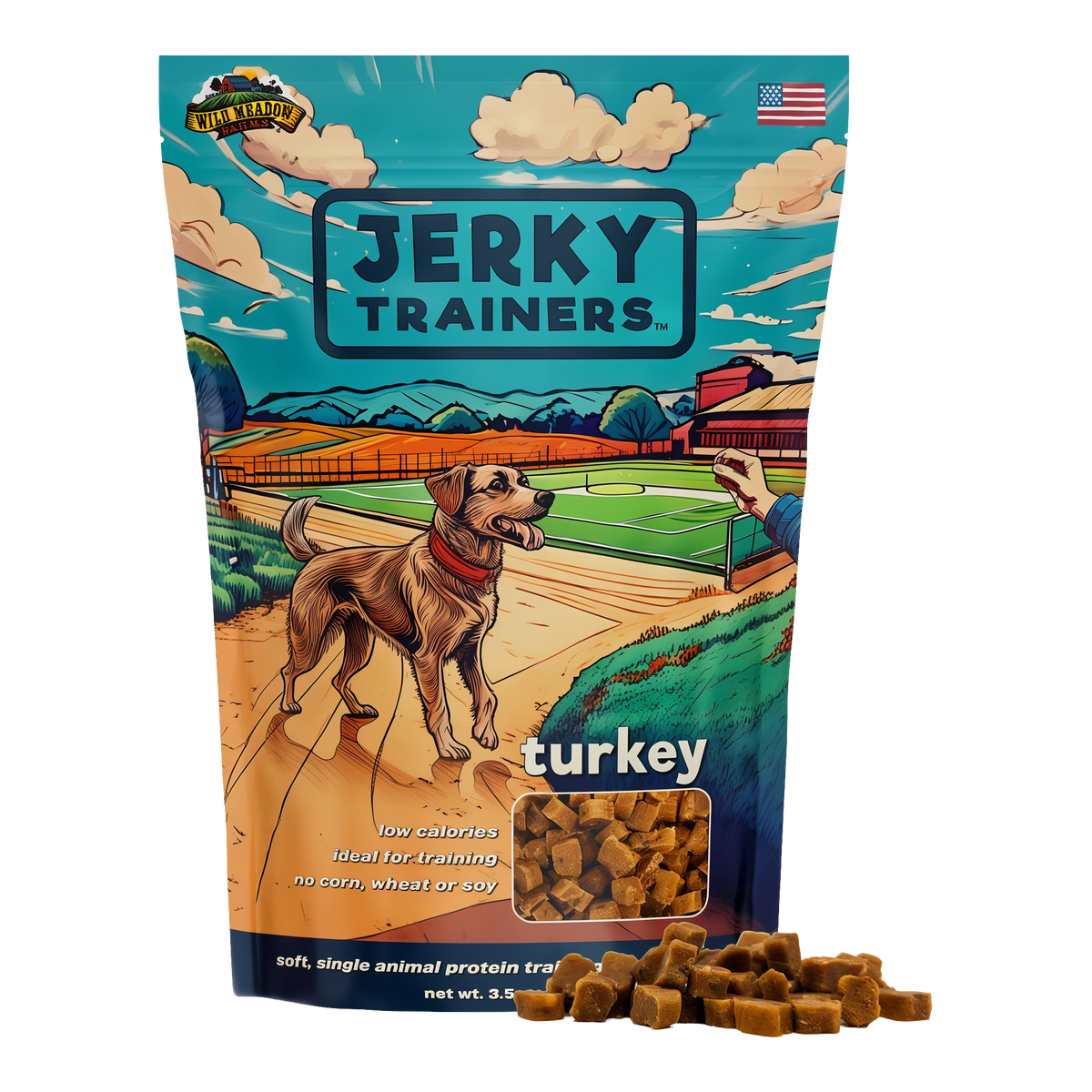 Wild Meadow Farms Jerky Trainers Soft Training Treats for Dogs -- front bag with treats