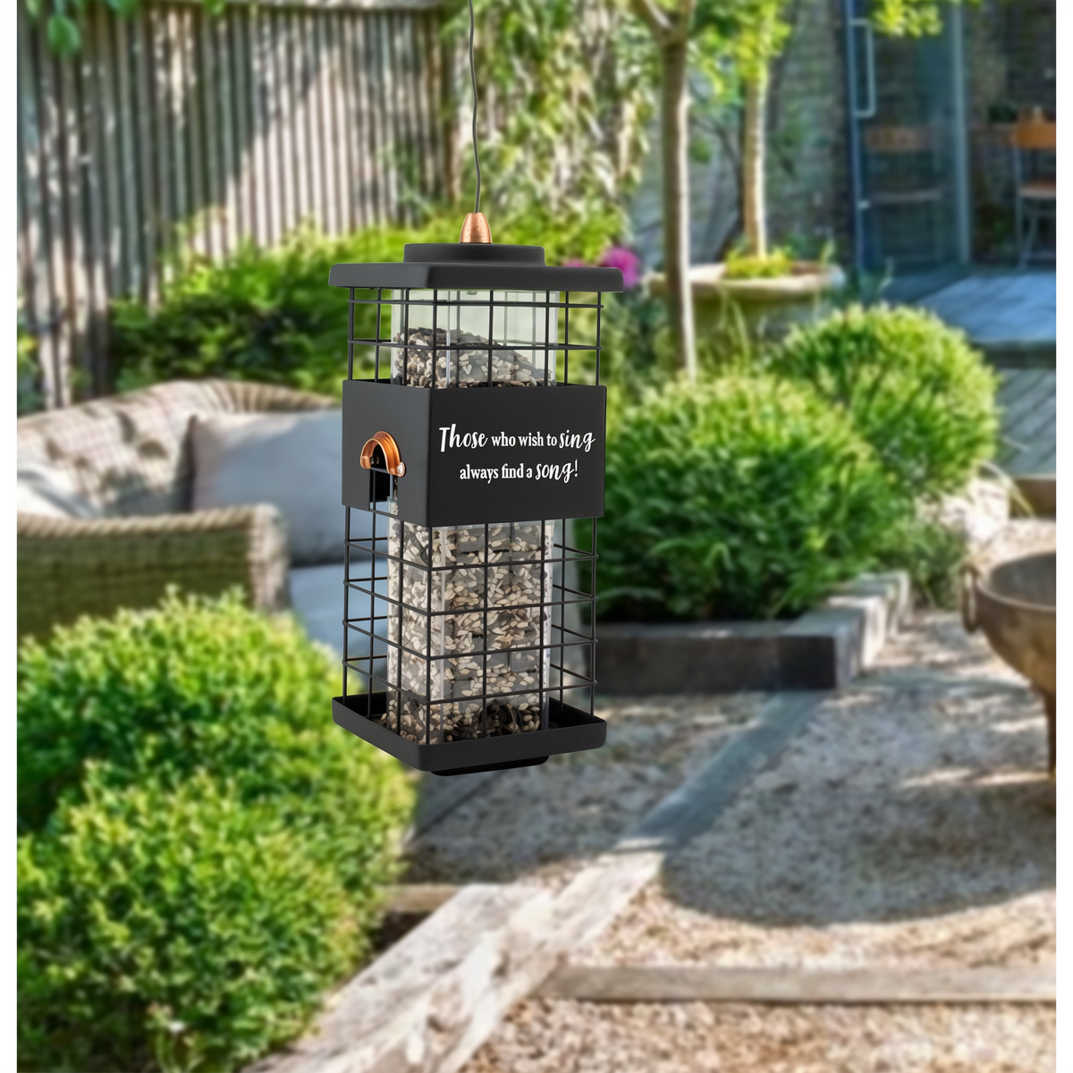 Woodlink Modern Farmhouse Squirrel Resistant Tube Feeder with Motivational Quote -- lifestyle