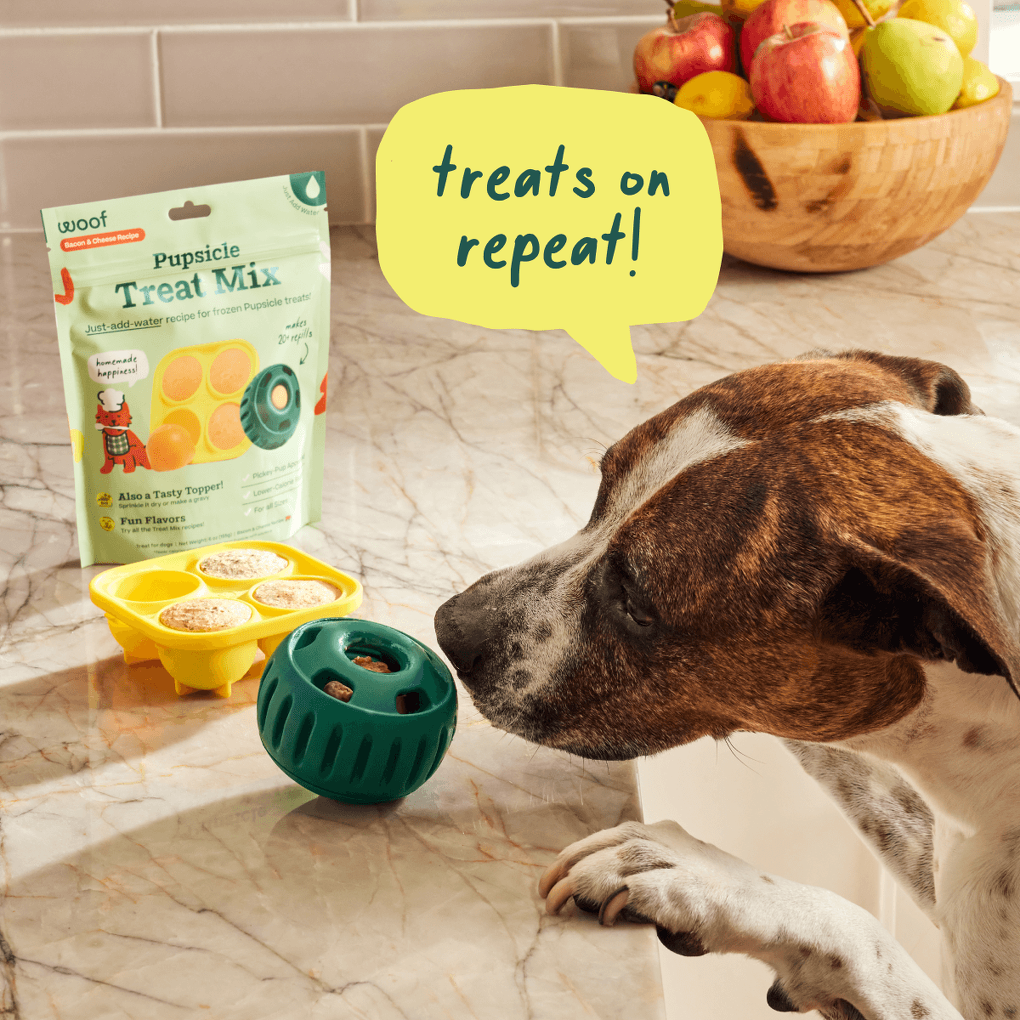 Dog enjoying a frozen Balanced Belly Pupsicle Mix pop in a Woof Pupsicle