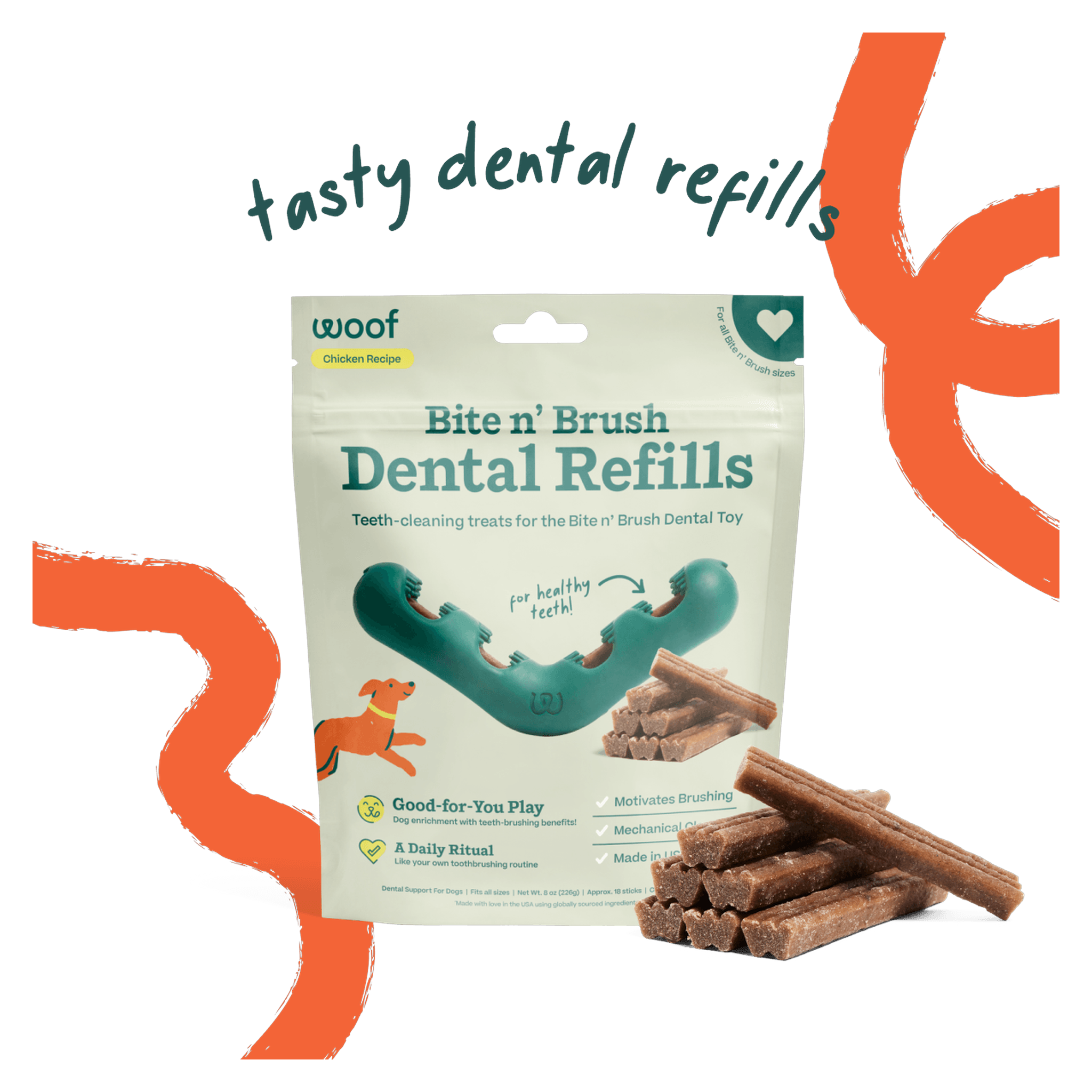 Woof Bite n' Brush Refills chicken dental sticks, 8 oz bag