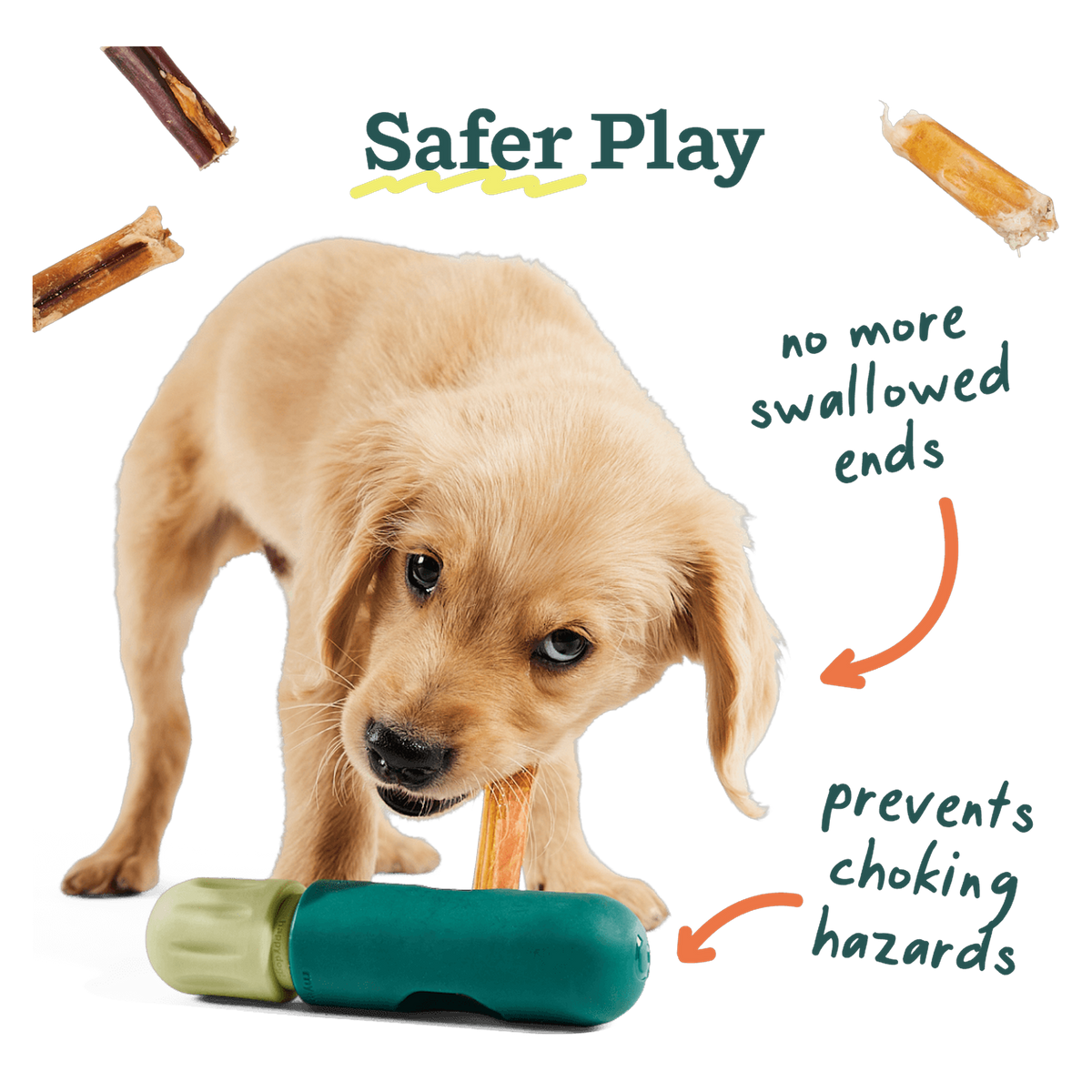 How the Woof BullySafe holds a chew so dogs cannot swallow the end