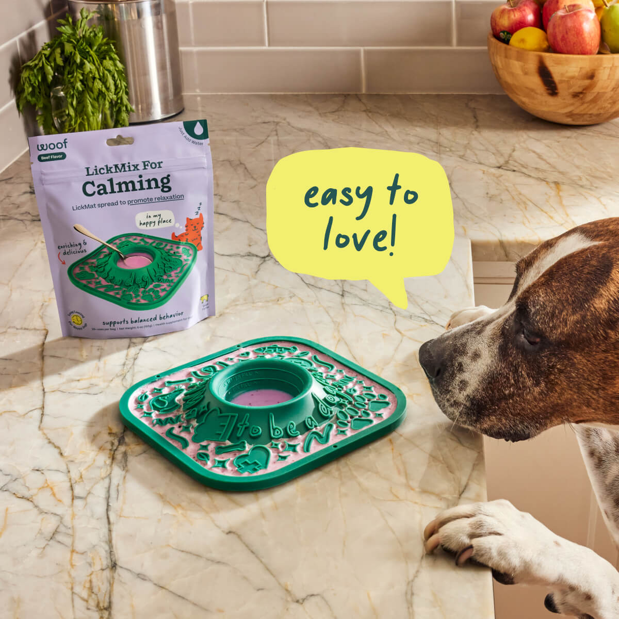 Dog licking Woof Calming LickMix from a lick mat