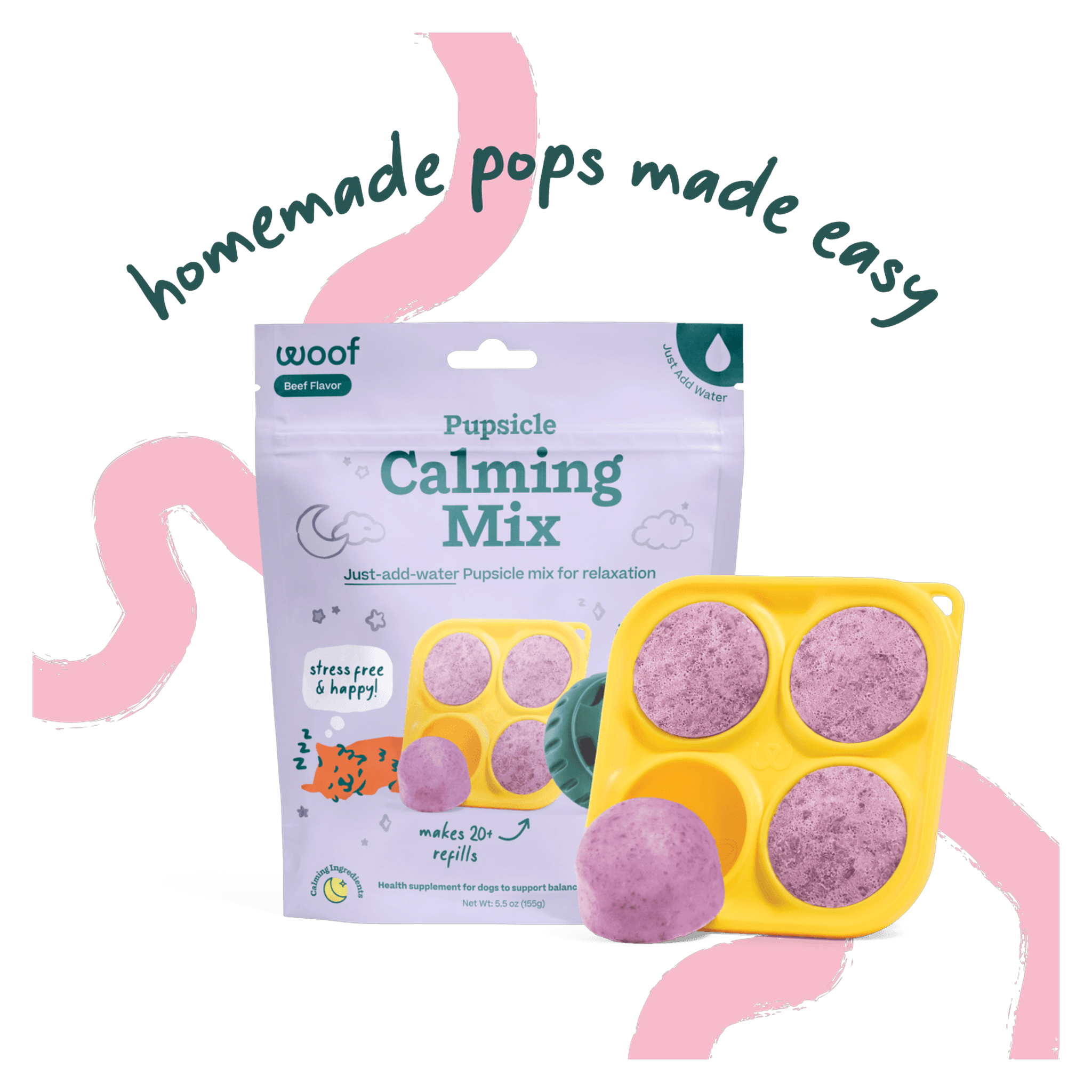 Woof Calming Pupsicle Mix bag, dry Pupsicle refill mix you freeze in the Treat Tray