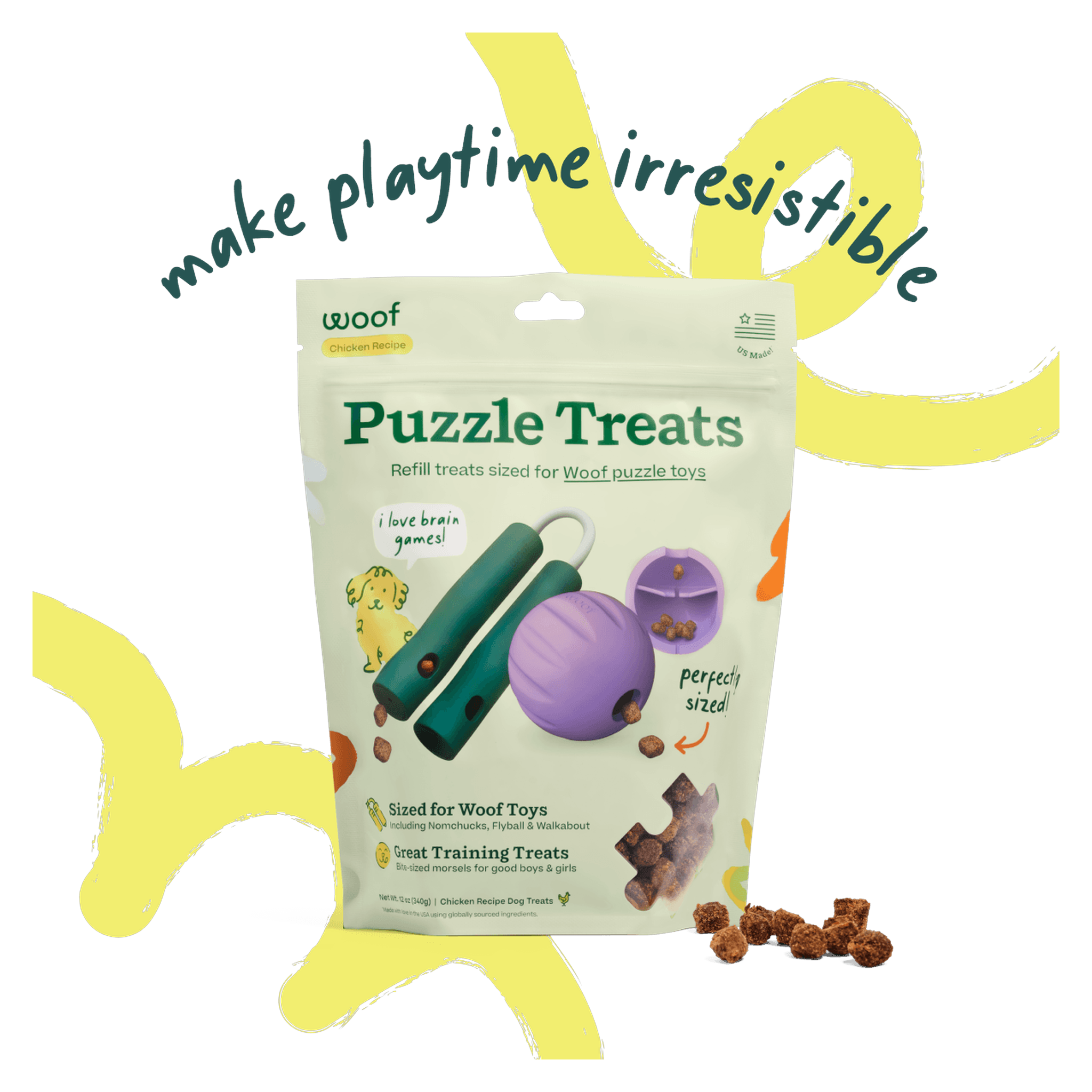 Woof Chicken Puzzle Treats 12 oz bag, refill treats sized for Woof puzzle toys
