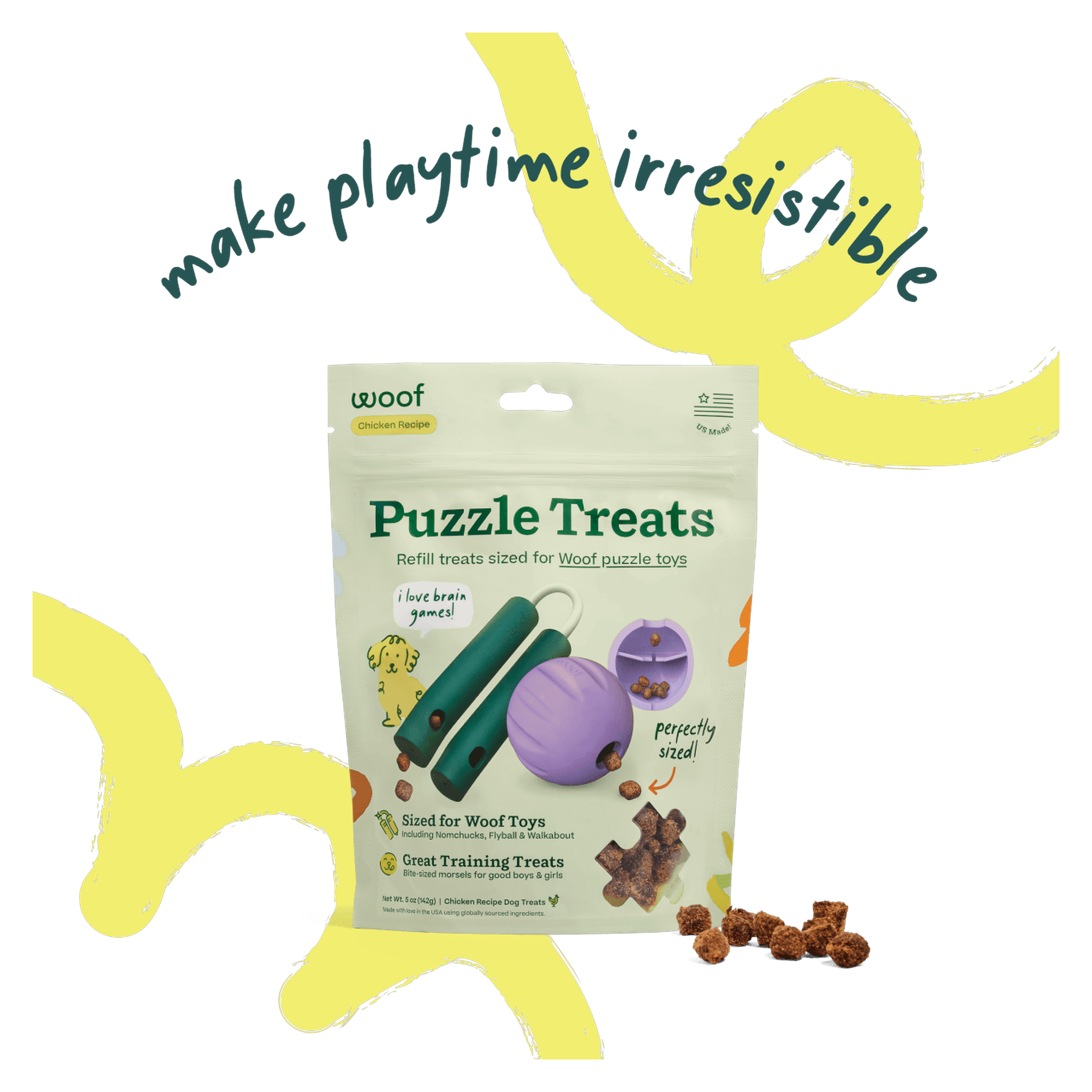 Woof Chicken Puzzle Treats 5 oz bag, refill treats sized for Woof puzzle toys