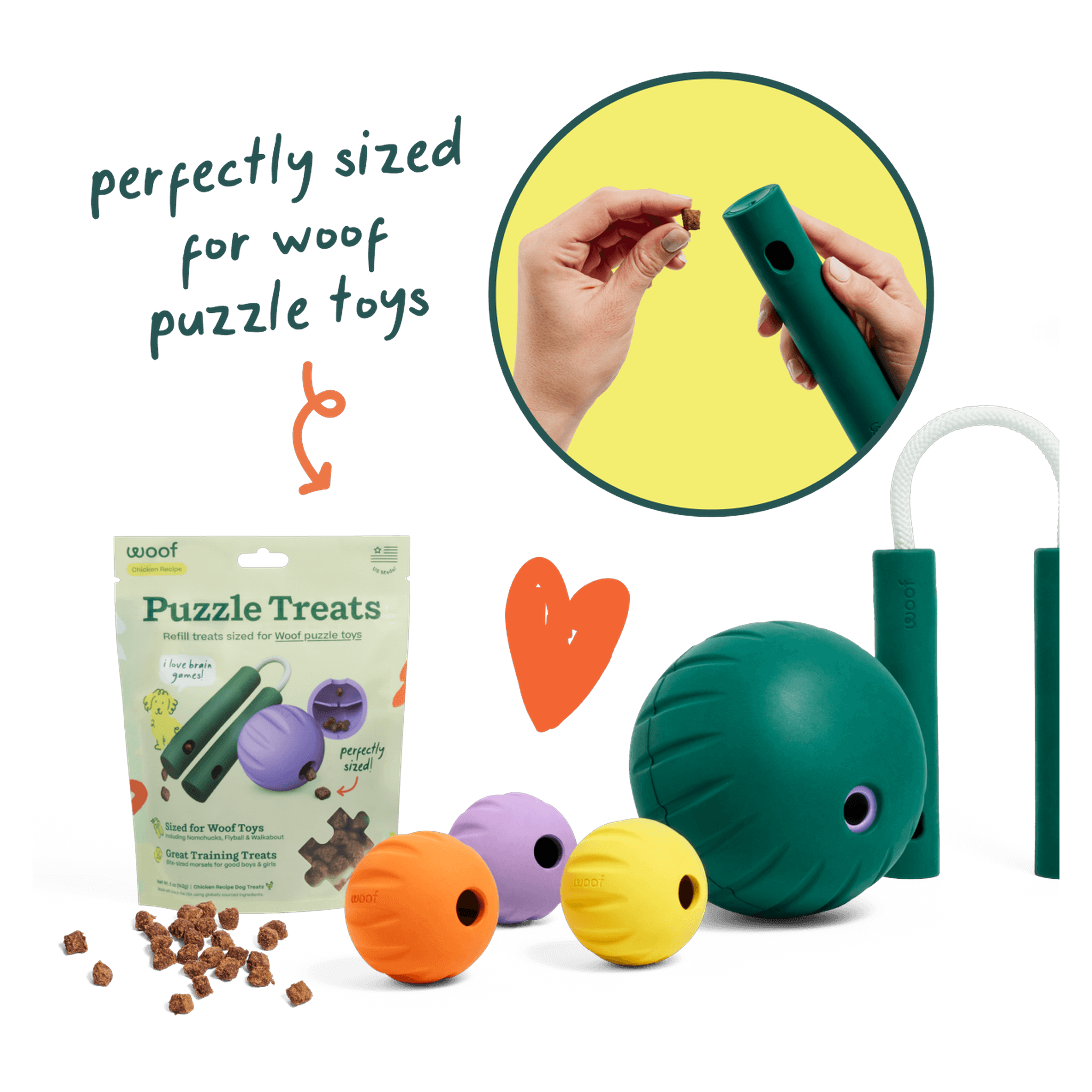 Drop Puzzle Treats into a Woof puzzle toy and shake to distribute