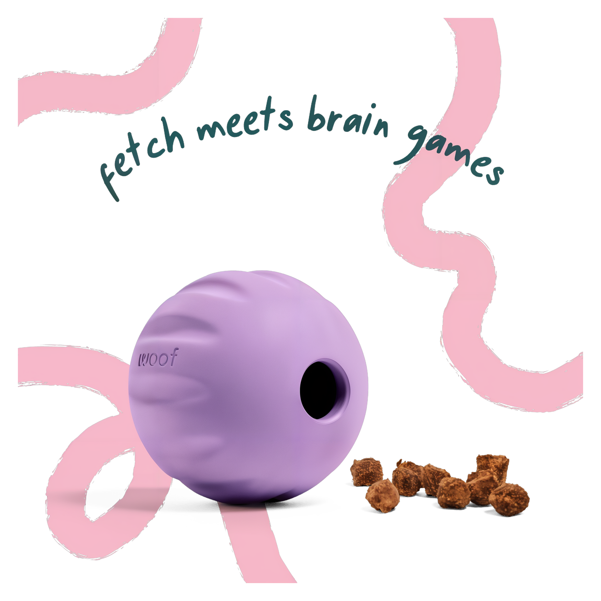 Woof Flyball 2-in-1 fetch ball and puzzle feeder in Lavender