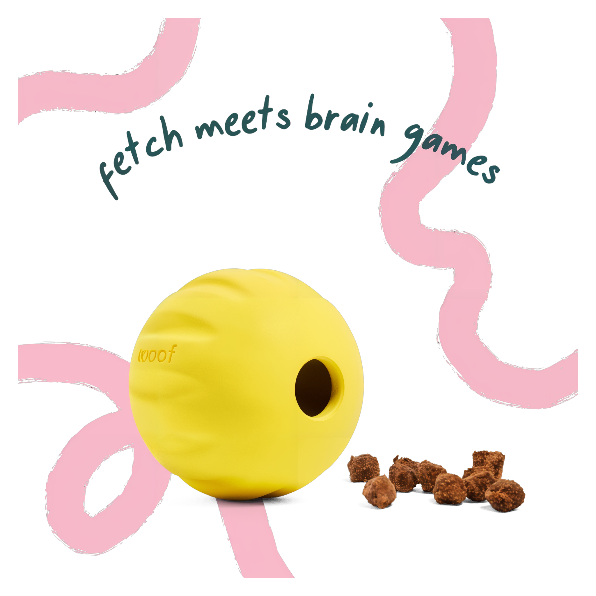Woof Flyball 2-in-1 fetch ball and puzzle feeder in Yellow