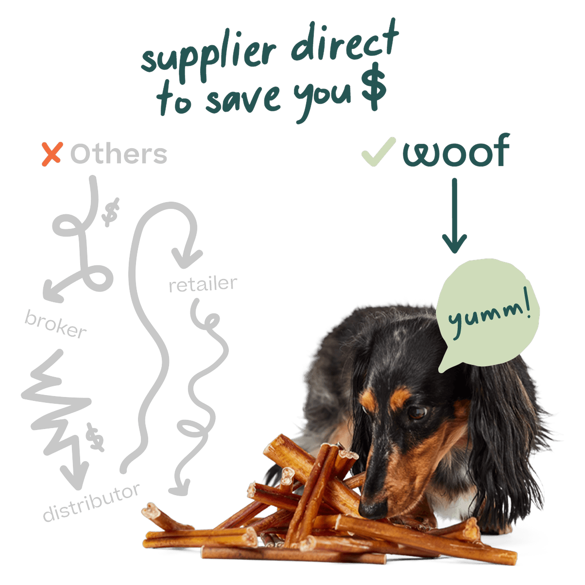 Woof Free Range Bully Sticks are single-ingredient, odor-free beef chews