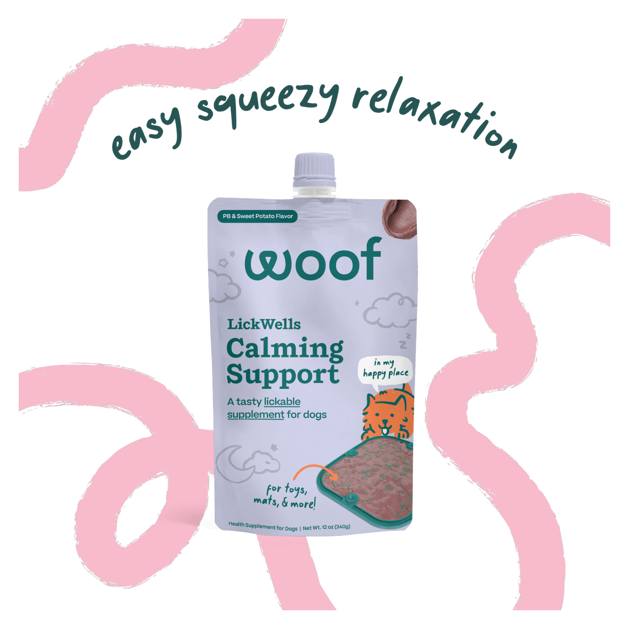 Woof LickWells Calming Support squeezable lickable dog supplement, 12 oz pouch