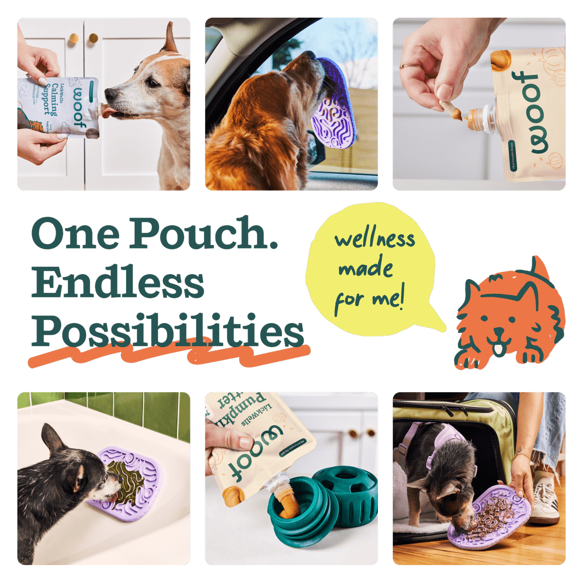 How to use LickWells: knead the pouch, squeeze, and serve