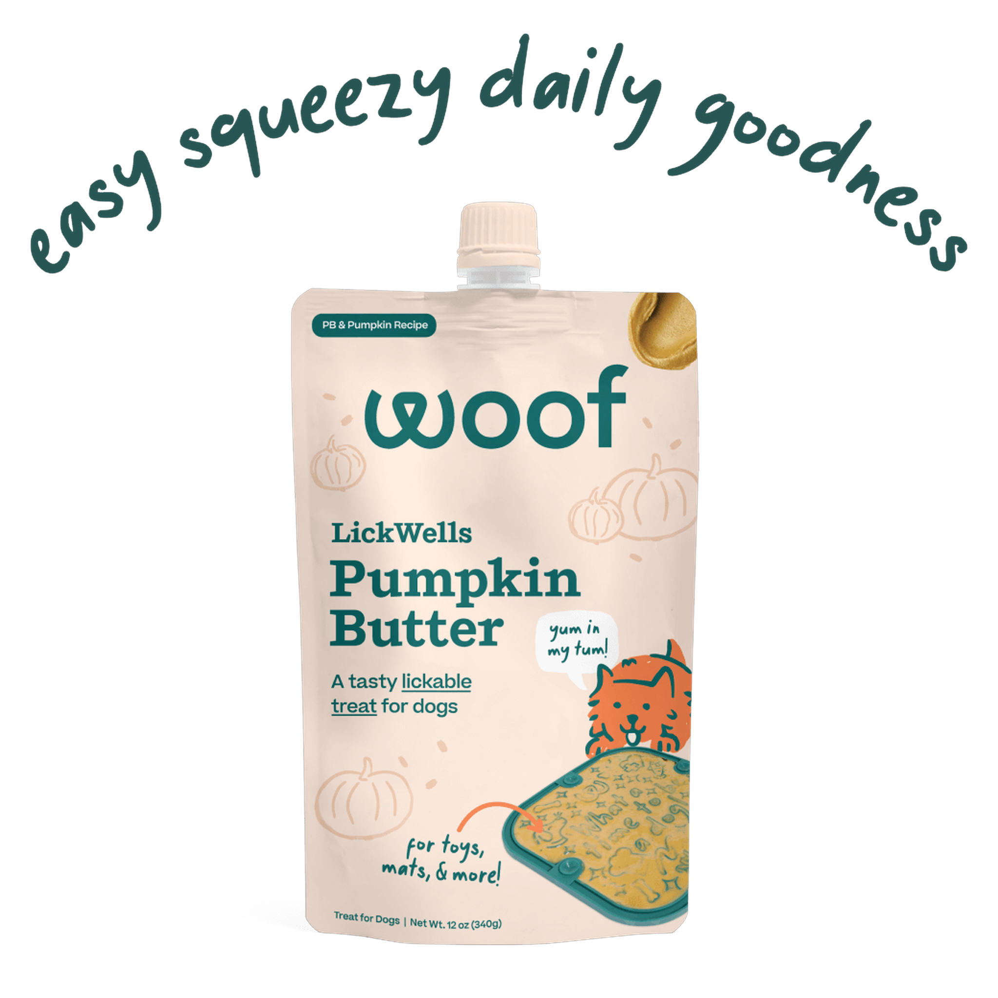Woof LickWells Pumpkin Butter squeezable lickable dog treat, 12 oz pouch