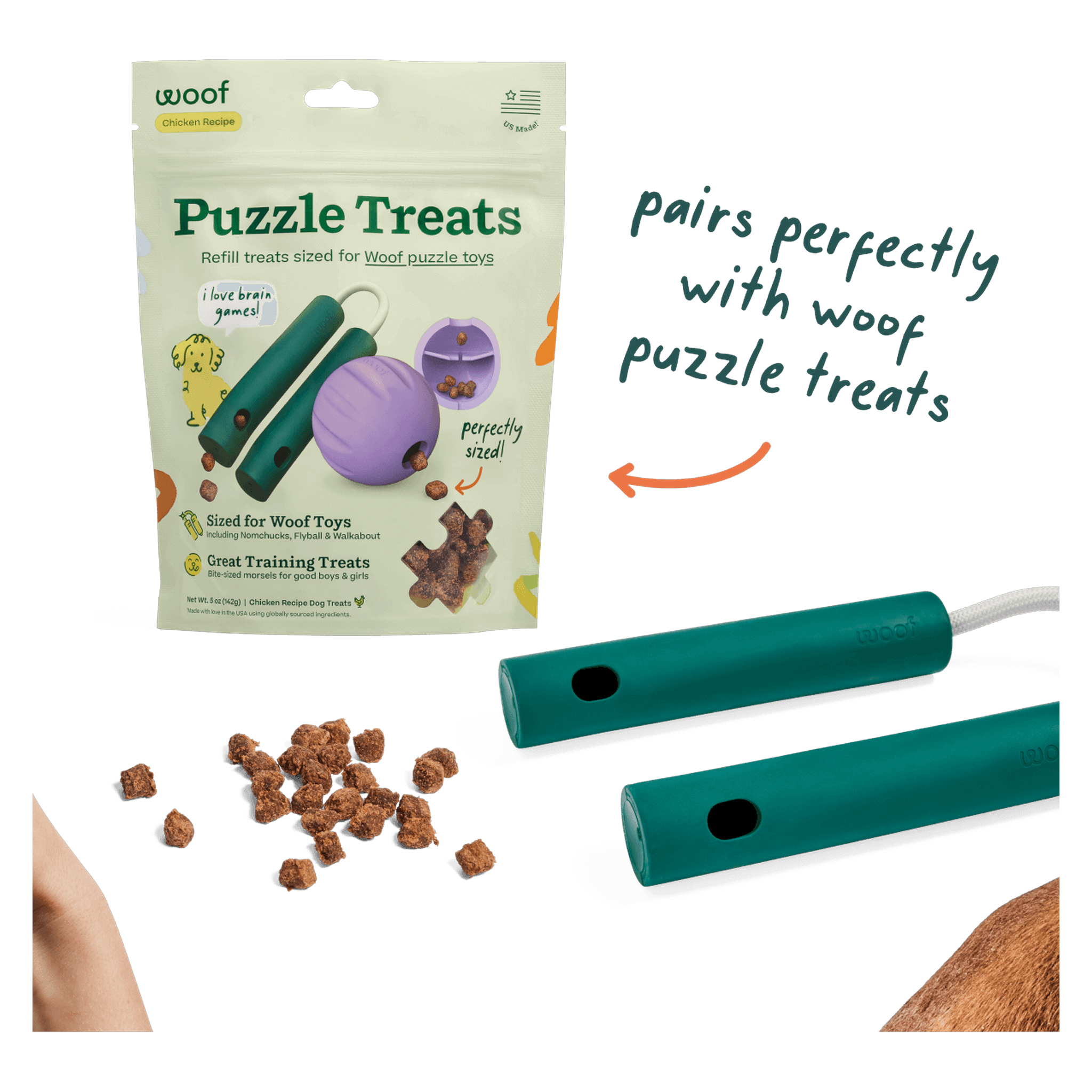 Nomchucks pairs with Woof Puzzle Treats