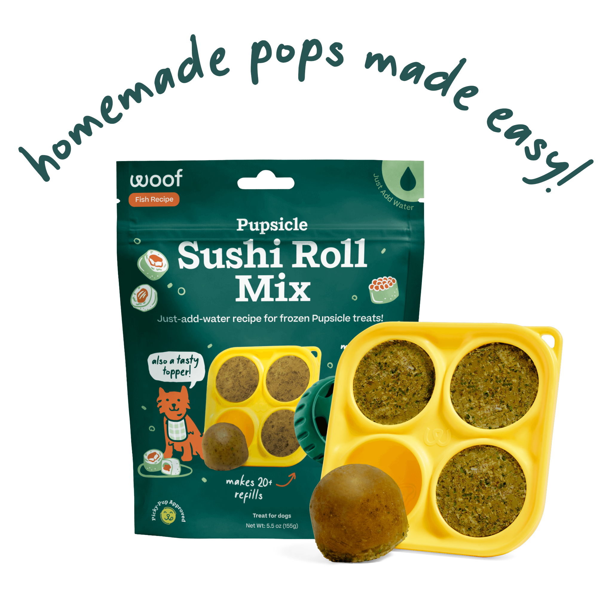 Woof Sushi Roll Pupsicle Mix bag, fish recipe refill mix for the Pupsicle