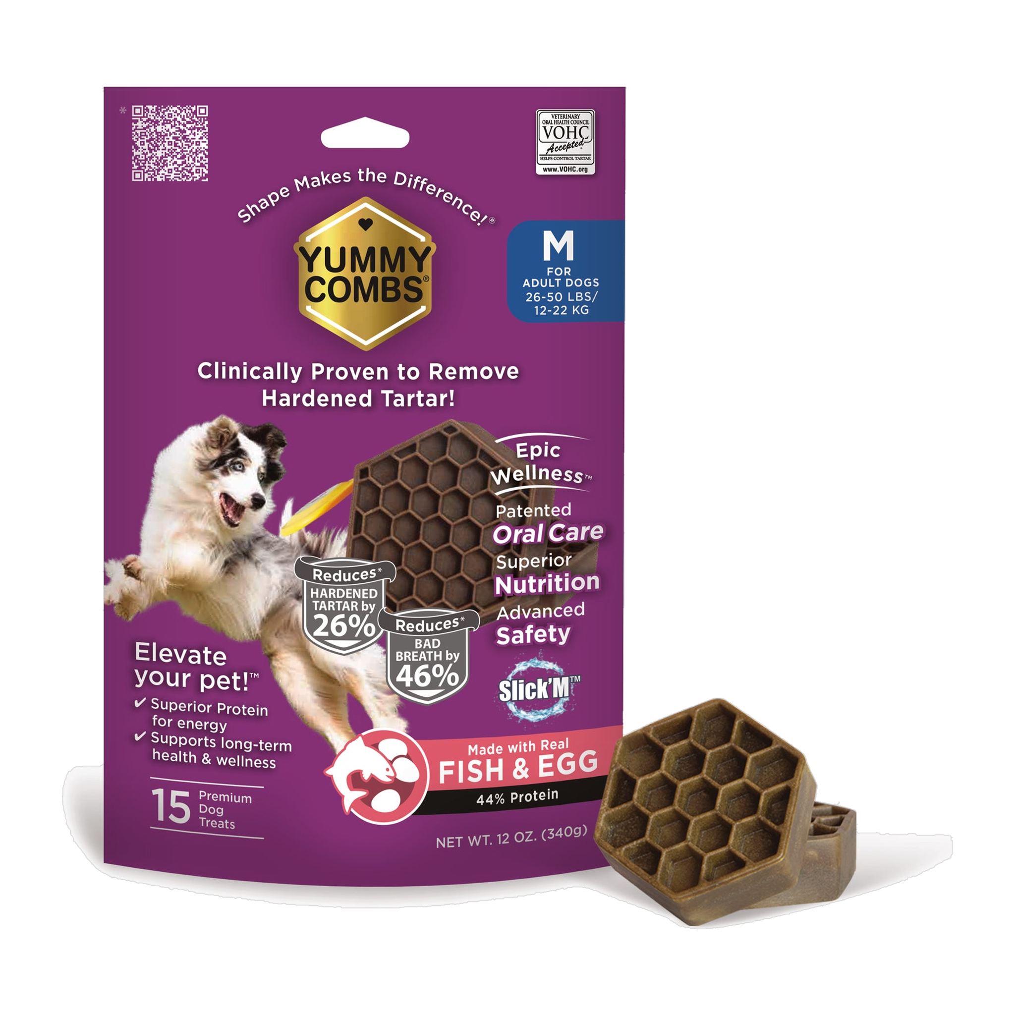 Yummy Combs fish and egg flossing dental treats 12 oz bag, 15 treats for dogs 26 to 50 pounds