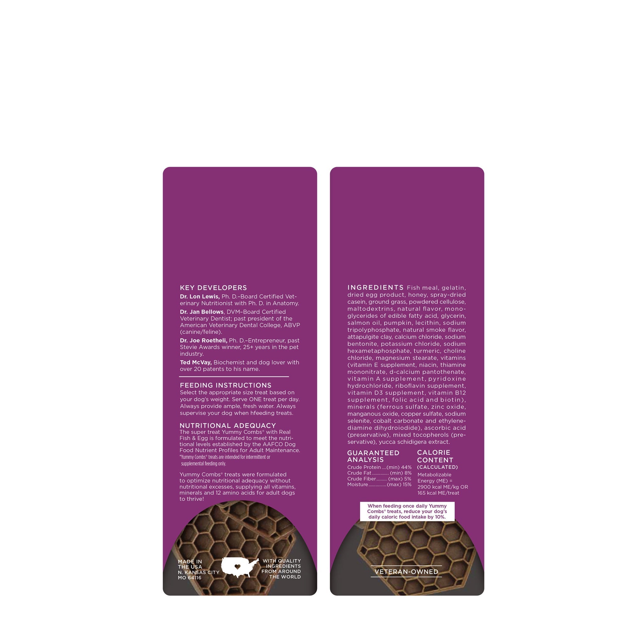 Yummy Combs fish and egg treats bag side panels with ingredients and guaranteed analysis