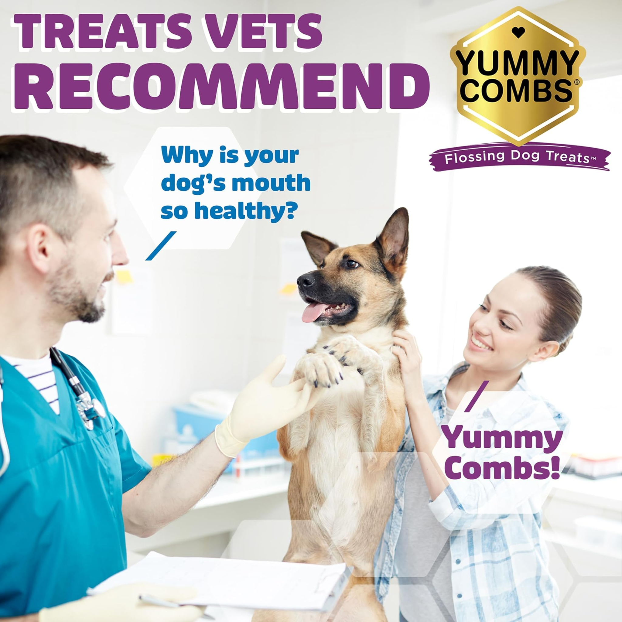 Veterinarians recommend Yummy Combs flossing dog treats for oral health