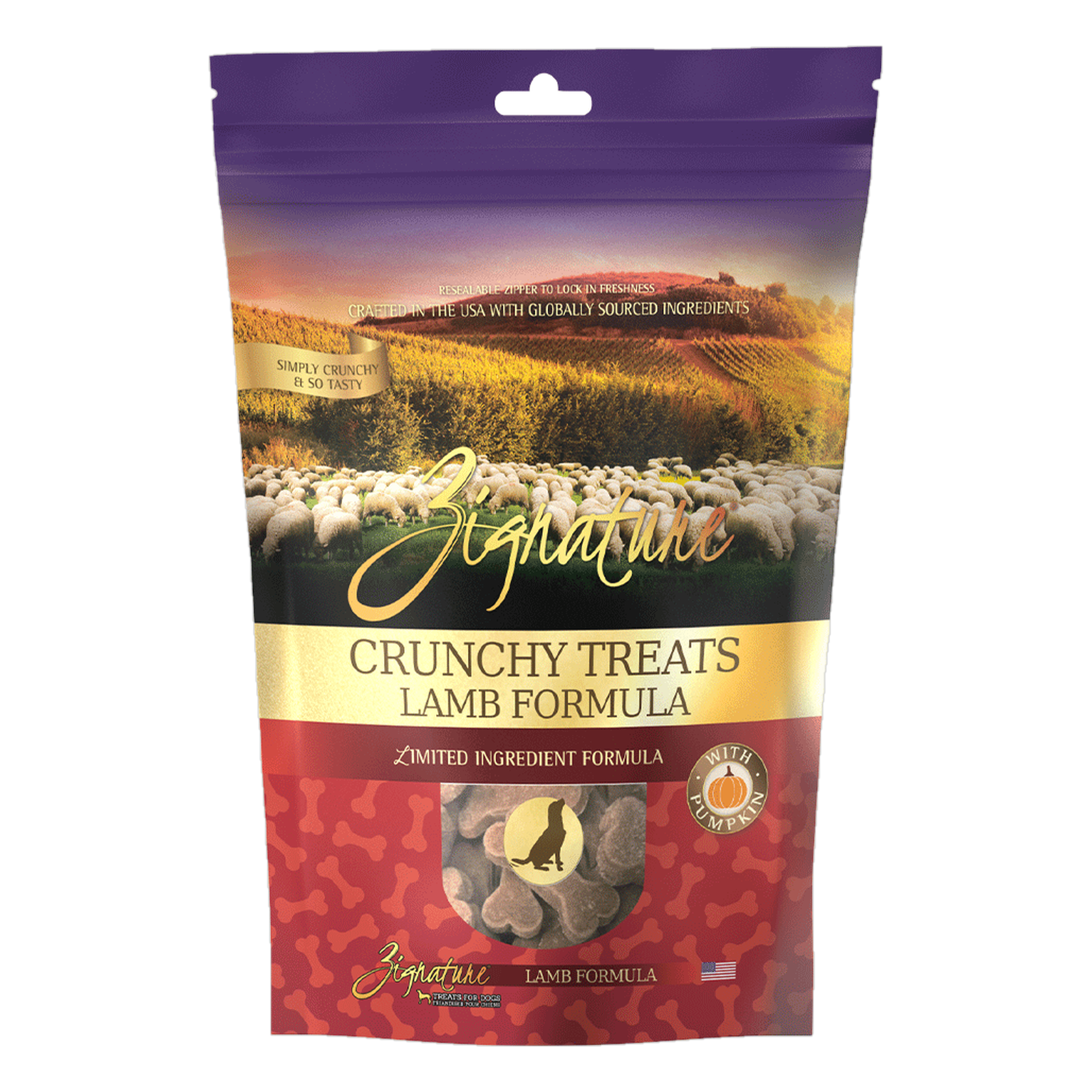 Zignature Crunchy Treats Lamb Formula Dog Biscuits package