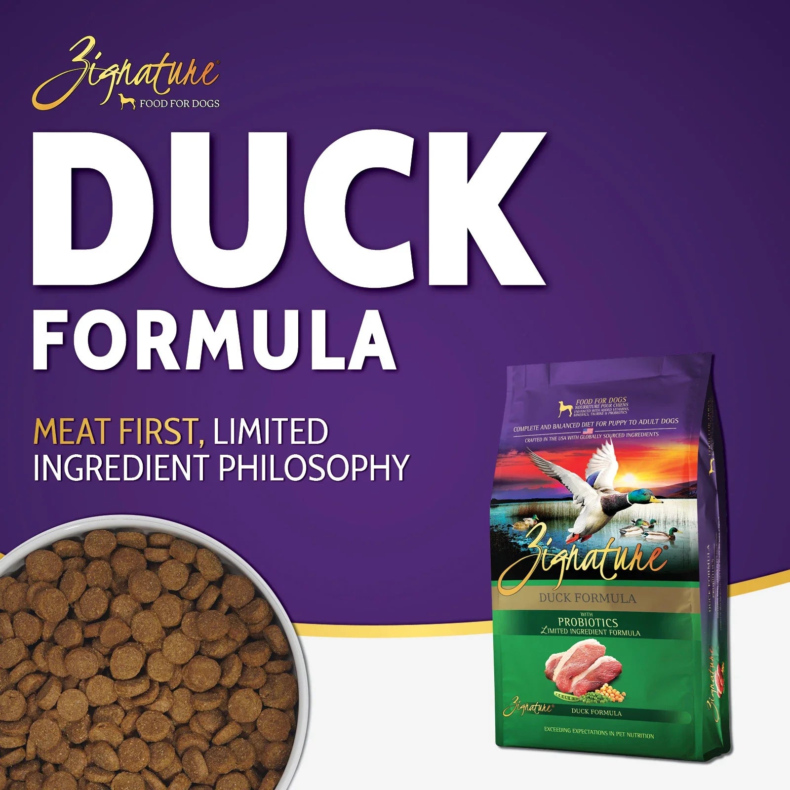 Zignature Duck Formula Dry Dog Food — product highlights tile 1