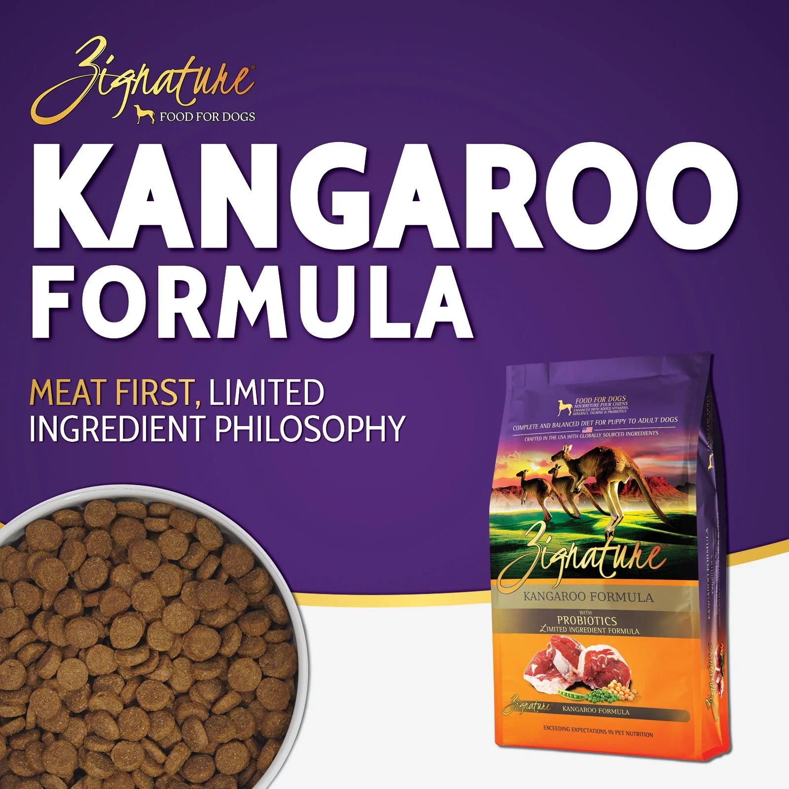 Zignature Kangaroo Formula Dry Dog Food — product highlights tile 1