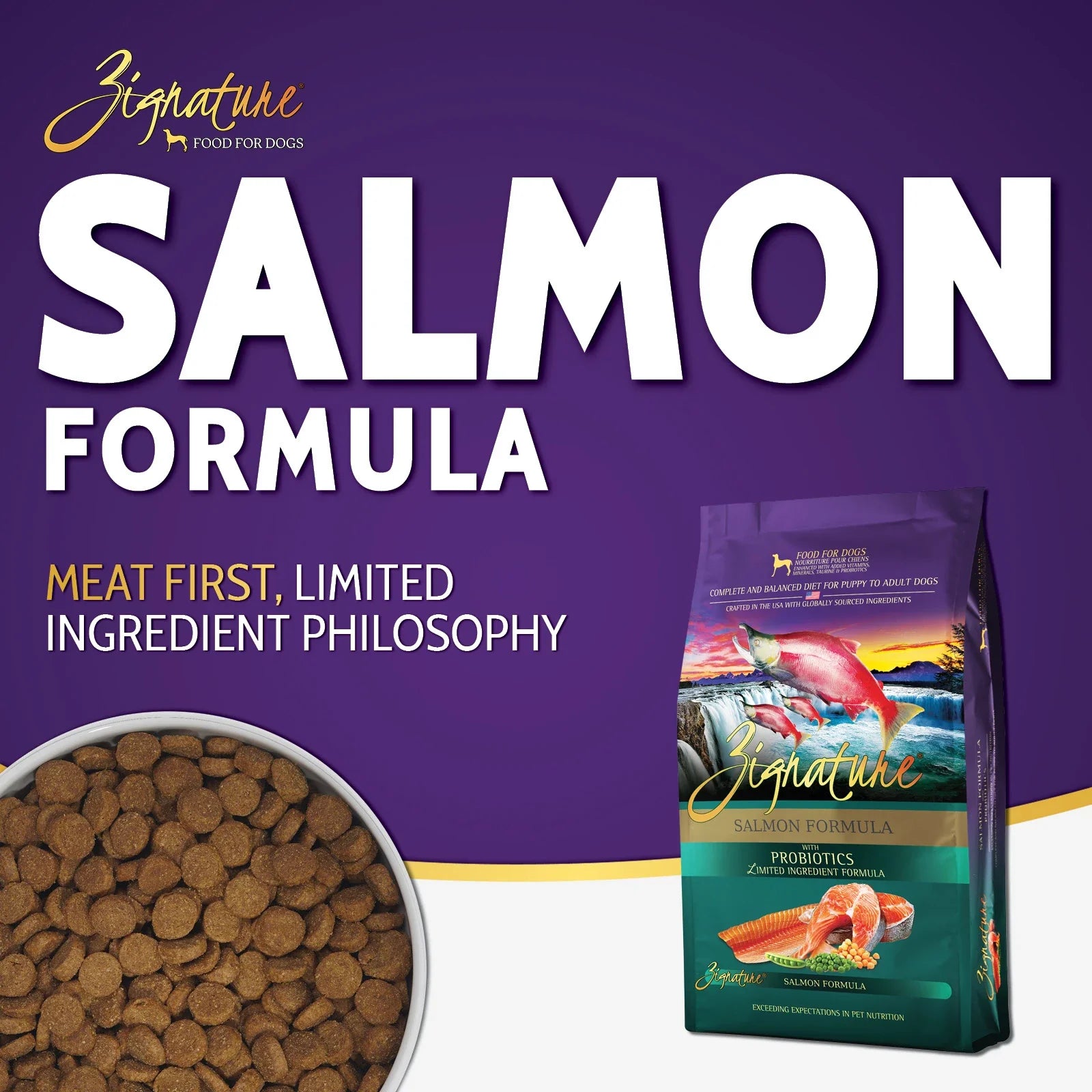 Zignature Salmon Formula Dry Dog Food — product highlights tile 1
