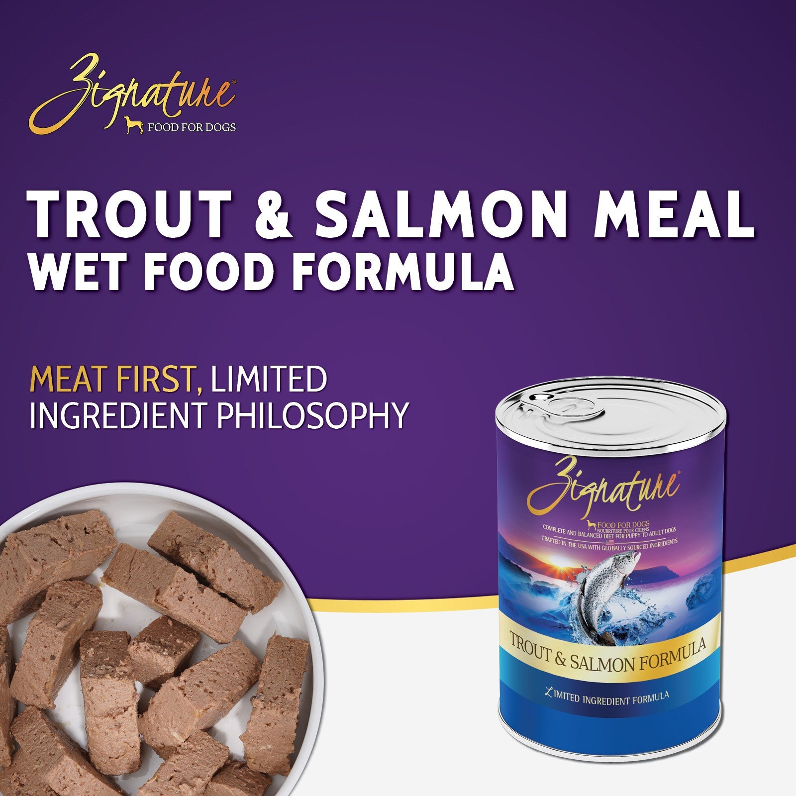 Zignature Trout & Salmon Formula Wet Dog Food — product highlights tile 1