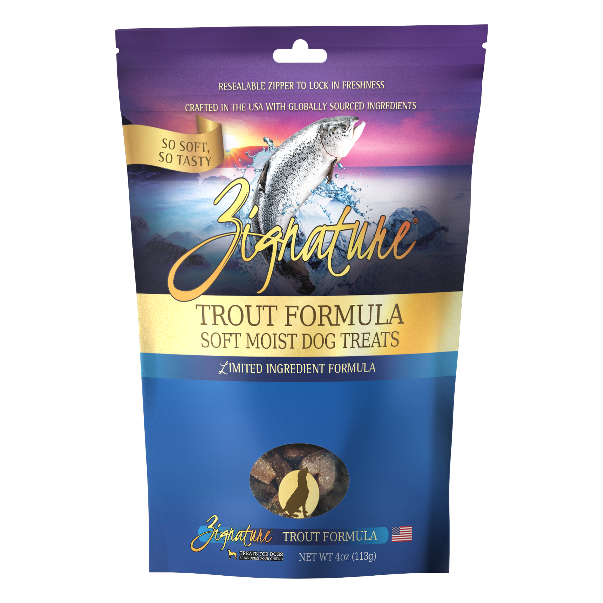 Zignature Trout Formula Soft Moist Dog Treats package