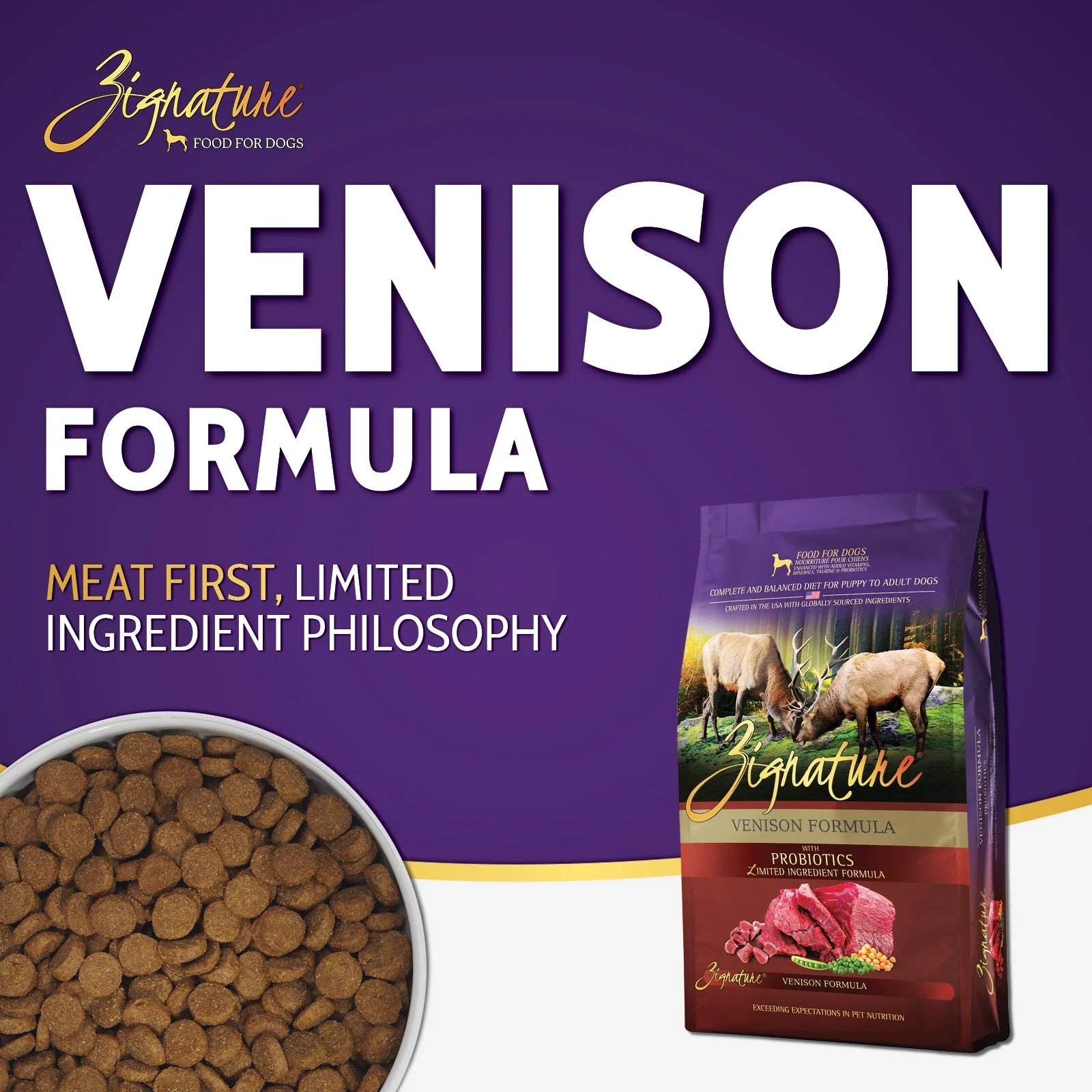 Zignature Venison Formula Dry Dog Food — product highlights tile 1