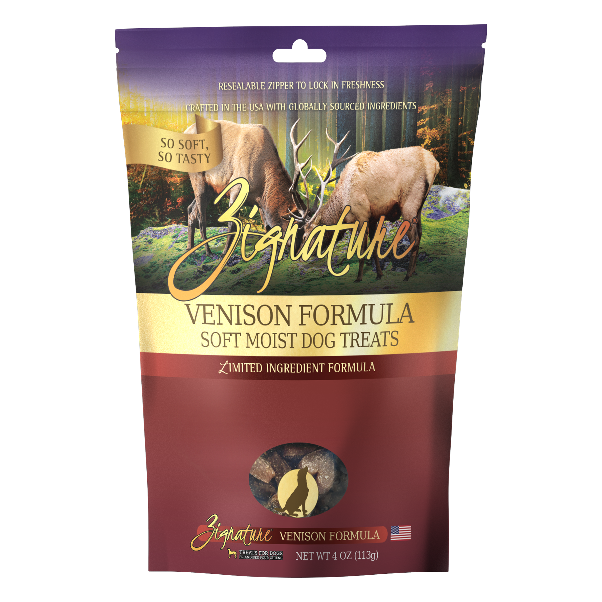 Zignature Venison Formula Soft Moist Dog Treats package