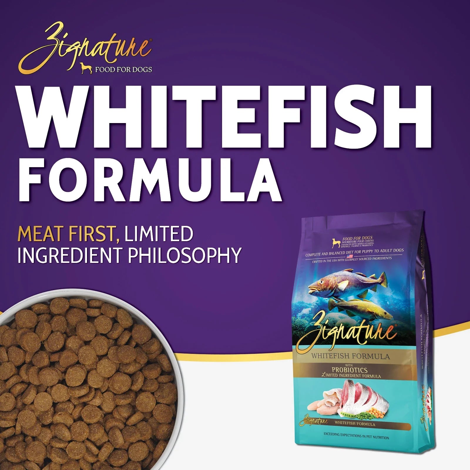Zignature Whitefish Formula Dry Dog Food — product highlights tile 1