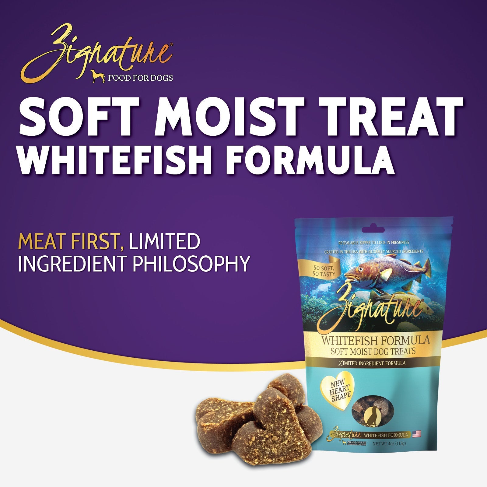 Zignature Whitefish Formula Soft Moist Dog Treats — product highlights tile 2