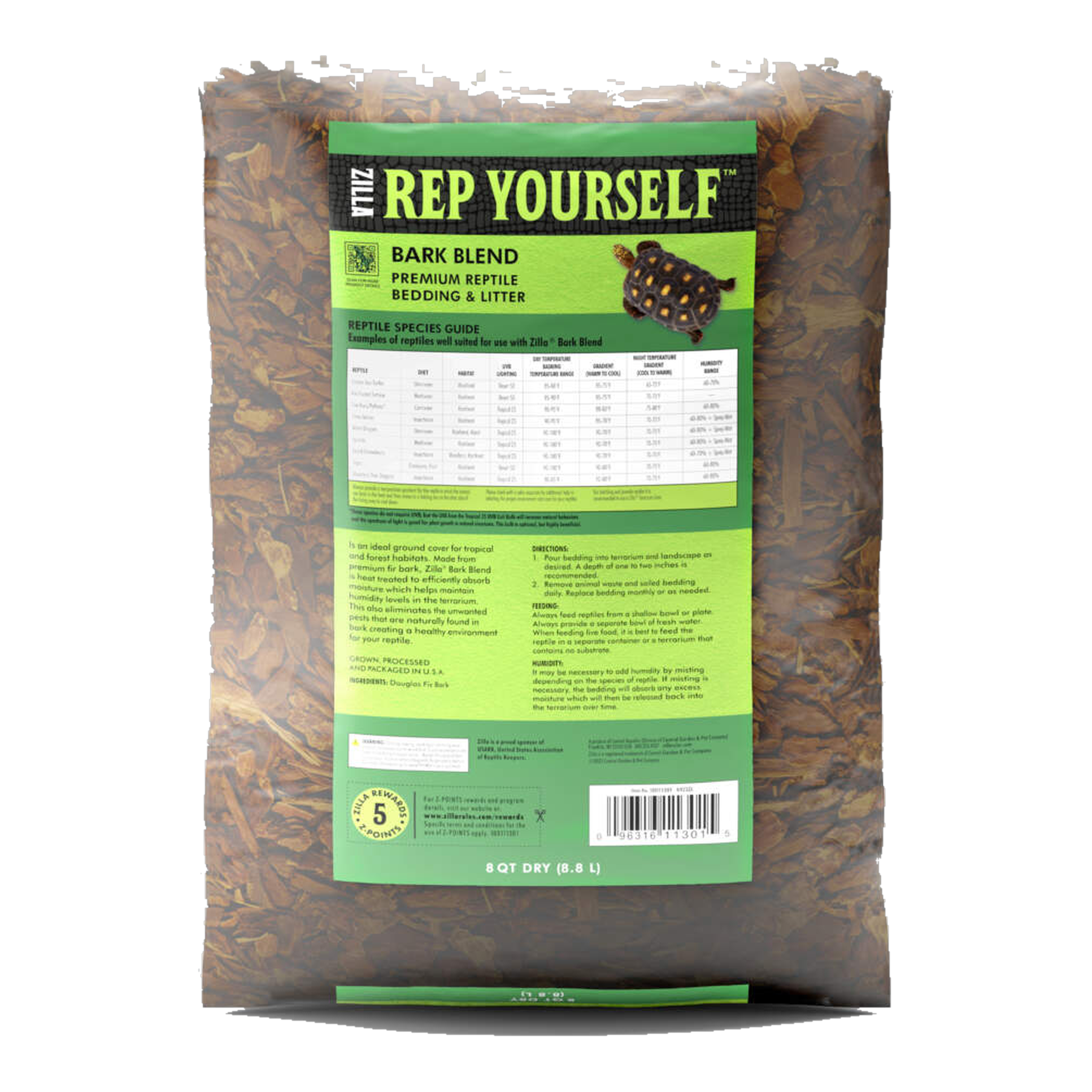 Back of the Zilla Bark Blend 8 quart bag showing the reptile species guide