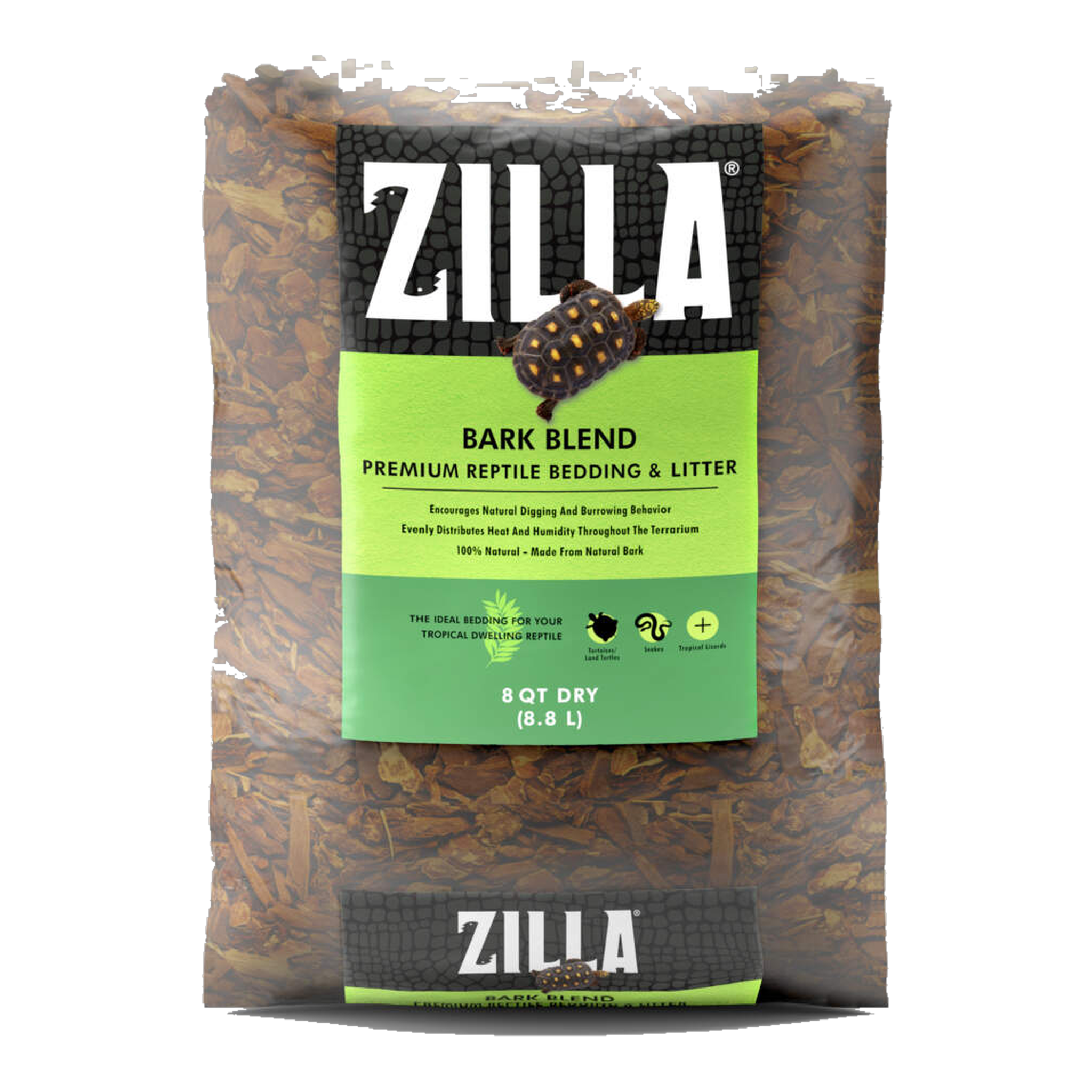 Zilla Bark Blend premium reptile bedding and litter 8 quart bag, front