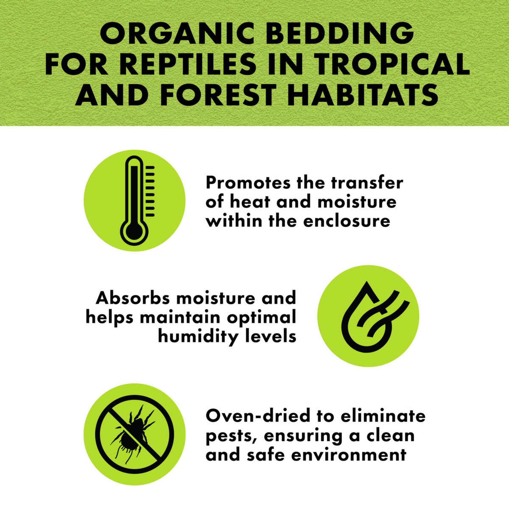 Organic bedding for reptiles in tropical and forest habitats promotes heat and moisture transfer