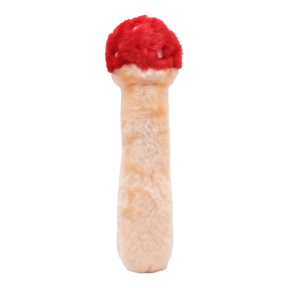 Back view of ZippyClaws Kickerz Mushroom plush kicker cat toy showing red cap and tan stem