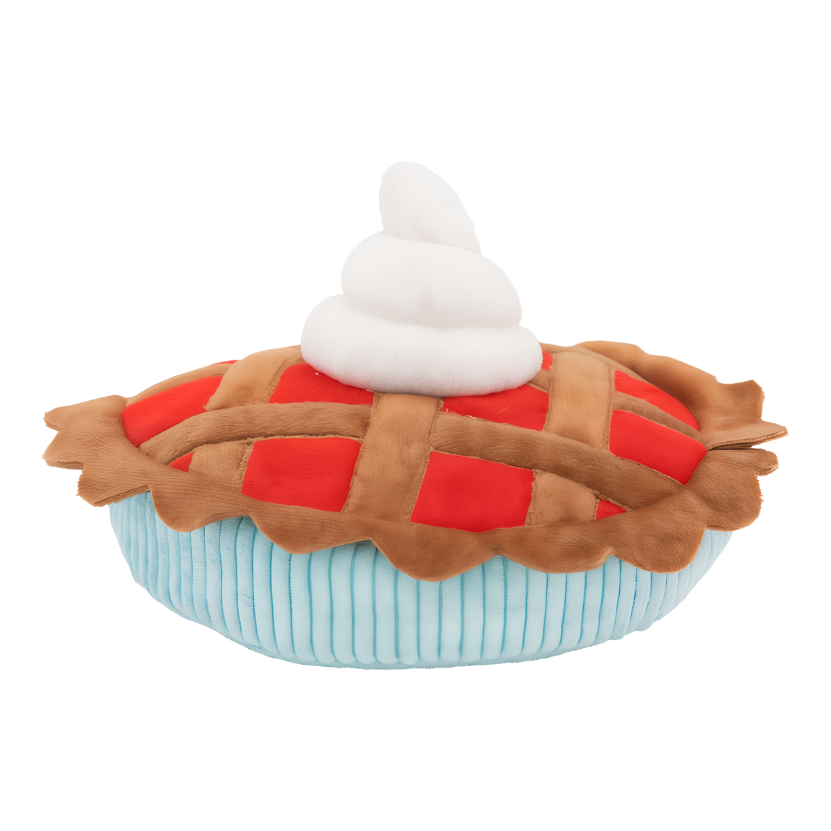 ZippyPaws Cherry Pie plush dog toy side view showing red filling, brown lattice crust, whipped cream topper and ribbed light blue dish