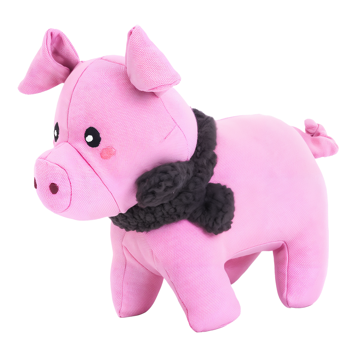ZippyPaws ecoZippy Cotton Cuddler pink canvas pig plush dog toy with dark sherpa scarf and curly tail, front three-quarter view