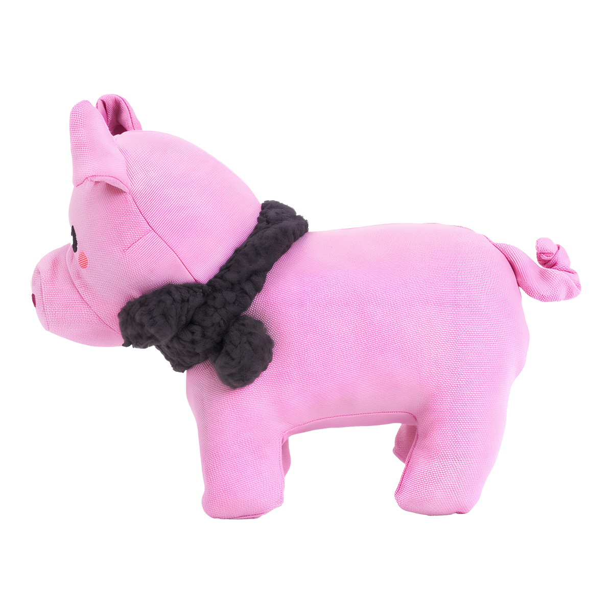 Side profile of the ecoZippy Cotton Cuddler pig dog toy showing the sherpa scarf and knotted curly tail
