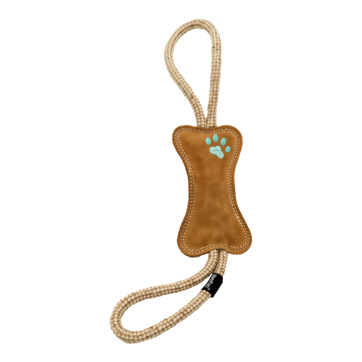 ZippyPaws ecoZippy Jute RopeTugz suede leather bone with embroidered paw print and jute rope loop handles