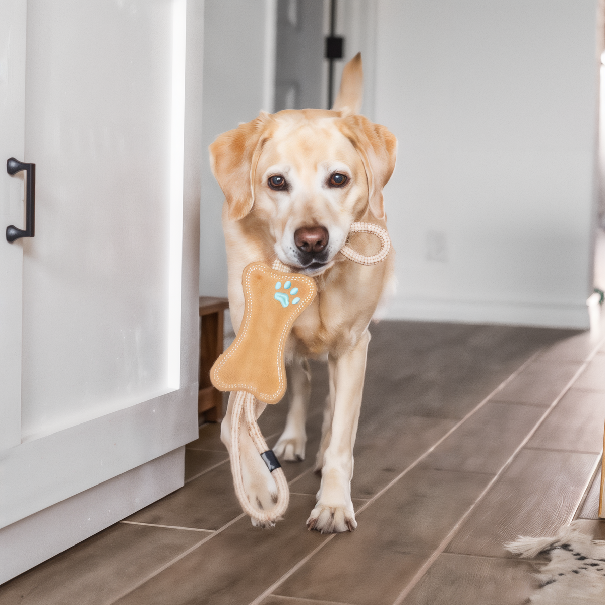 Yellow Labrador carrying the ZippyPaws ecoZippy Jute RopeTugz rope tug through a hallway