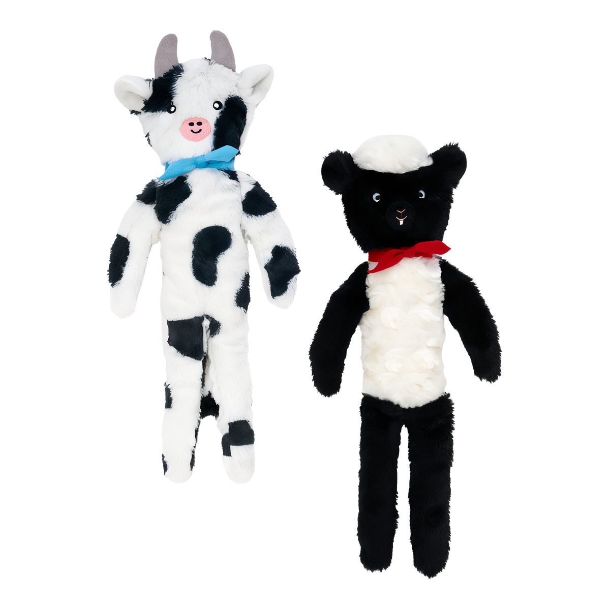 ZippyPaws Fluffy Peltz spotted cow and black-faced sheep plush dog toys wearing blue and red neckties, front view