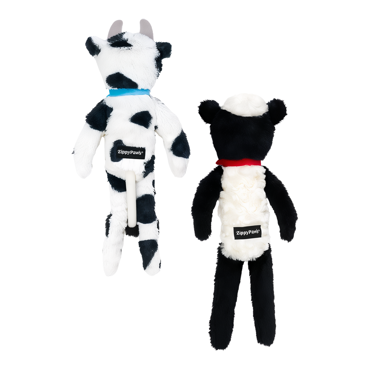 Back view of the Fluffy Peltz cow and sheep plush dog toys showing ZippyPaws tags