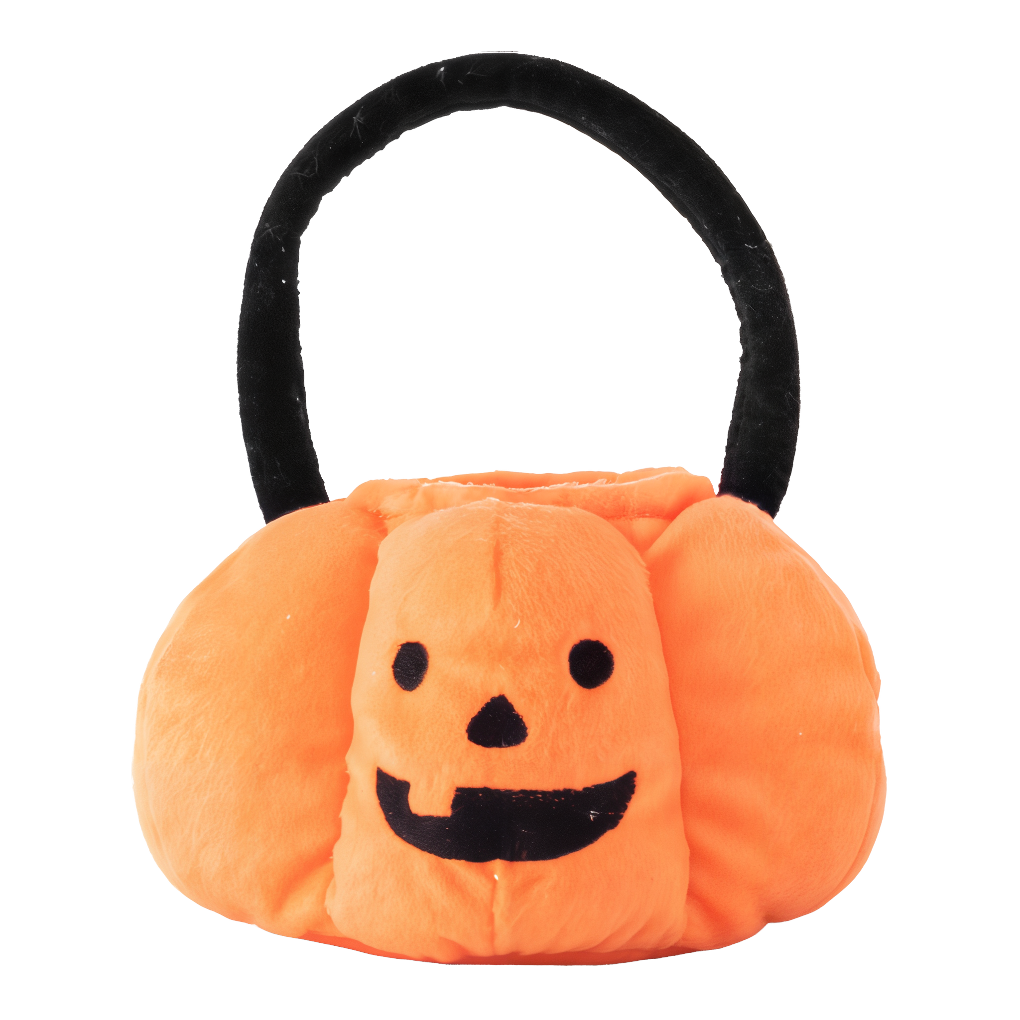 Front of the ZippyPaws Trick-or-Treat Basket burrow showing the embroidered jack-o-lantern face and black handle