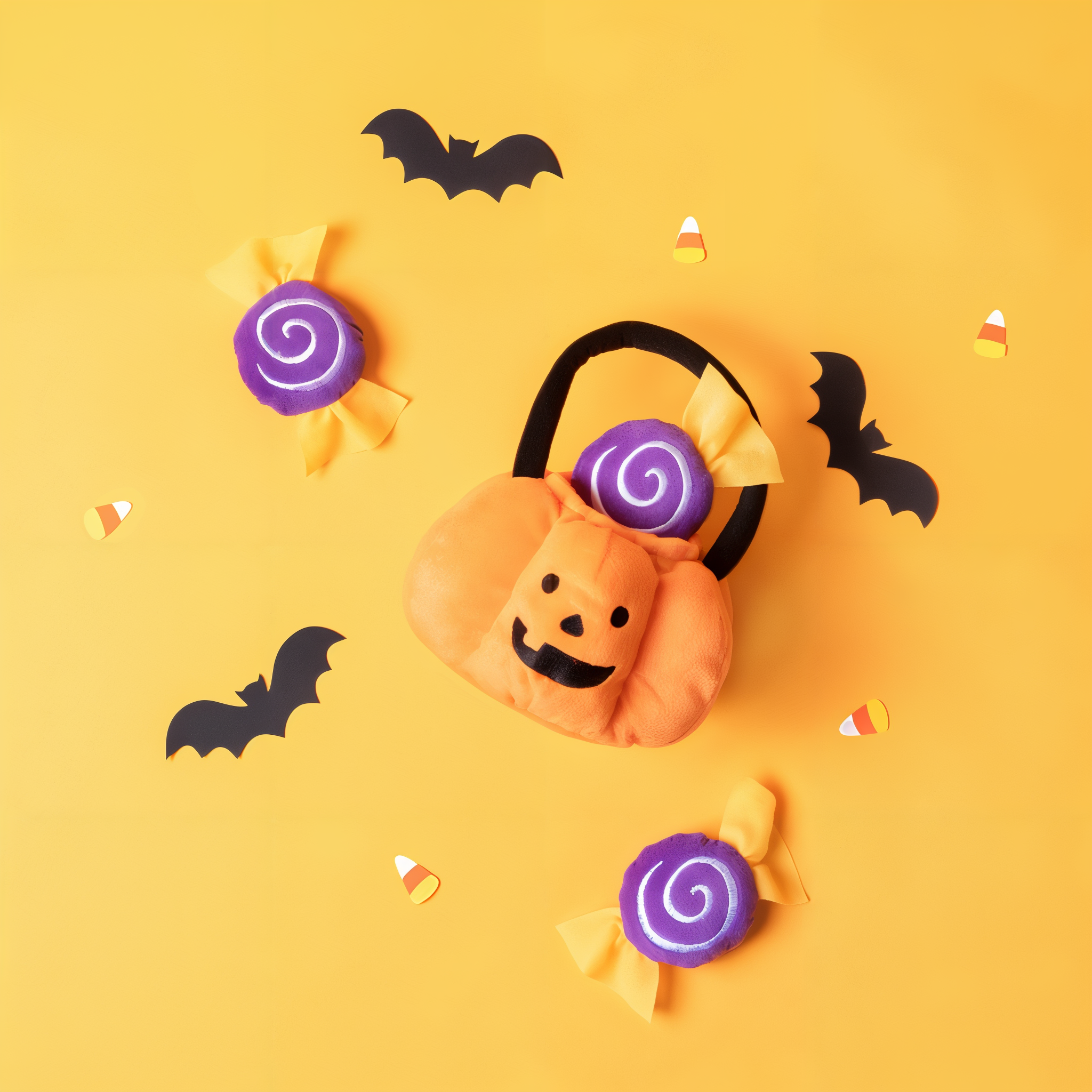 Flat lay of the ZippyPaws Halloween Trick-or-Treat Basket burrow with candy Miniz and paper bats on a yellow background