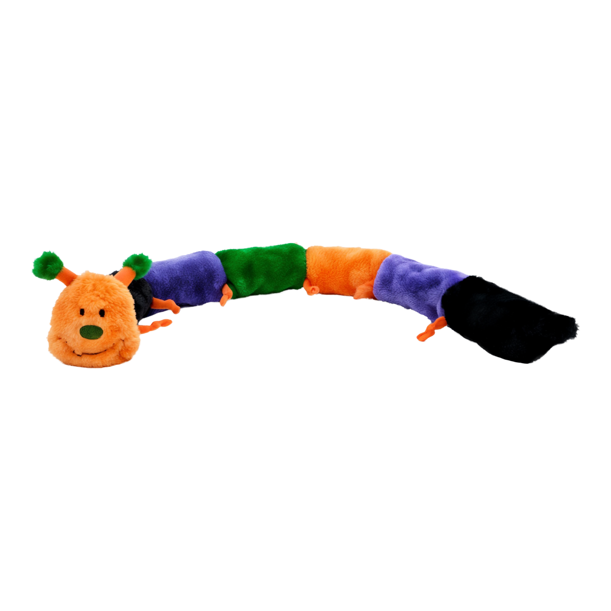 ZippyPaws Halloween Caterpillar Deluxe long no-stuffing plush dog toy with orange head and purple green orange and black segments