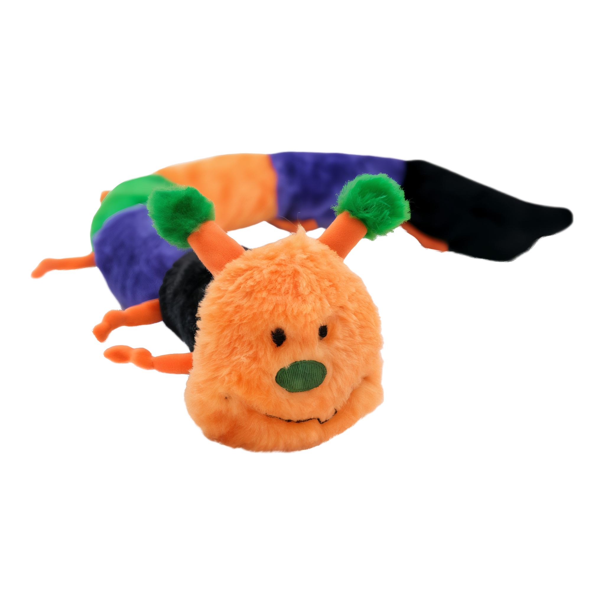 ZippyPaws Halloween Caterpillar Deluxe curled up showing the smiling orange head, green antennae and 7-squeaker body