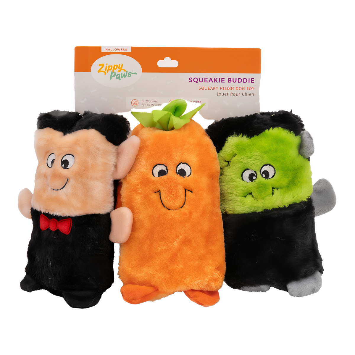 ZippyPaws Halloween Colossal Buddies 3-Pack with Dracula, pumpkin and Frankenstein monster plush dog toys on hang card